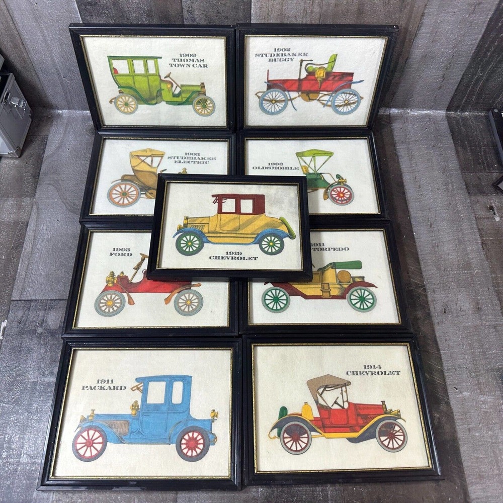 Lot 9 Vtg‎ Framed ANTIQUE CARS Felt Paper Studebaker Oldsmobile Ford CHevrolet